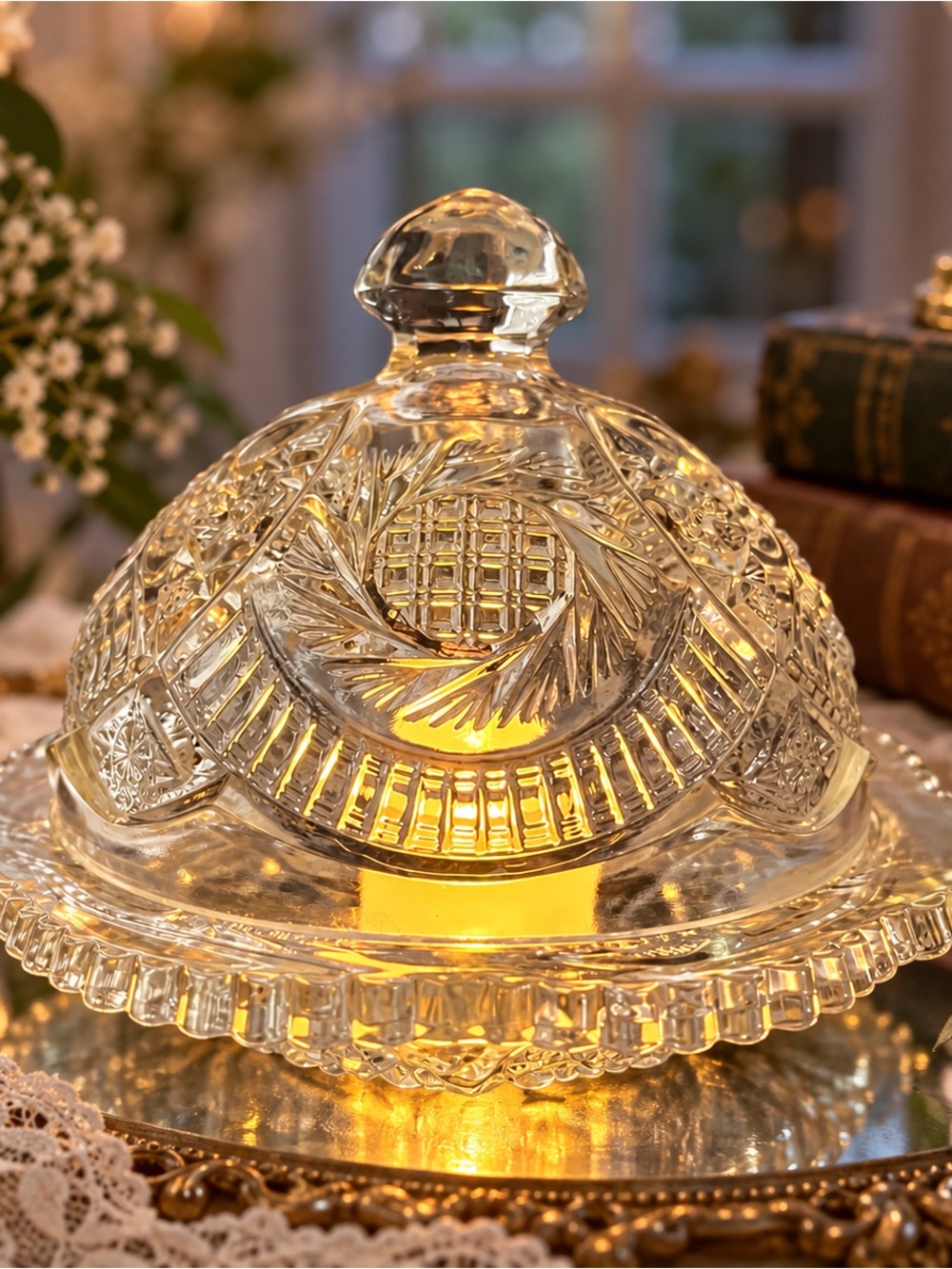 Vintage Clear Pressed Glass Butter Dome Fairy Lamp